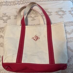 LL Bean Boat and Tote Canvas Bag Cream Red Handles Made USA 16"x 11"